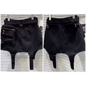 Women Black Fashion Pocket Belt Skirt