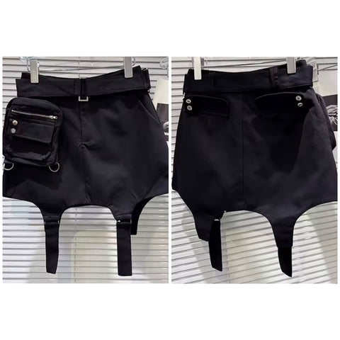 Women Black Fashion Pocket Belt Skirt