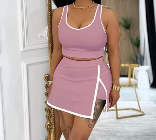 Women Two Piece Sleeveless Color Patchwork Skirt Set
