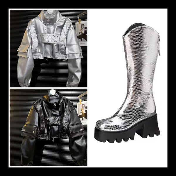 Women Fashion Rivet Faux Leather Jacket