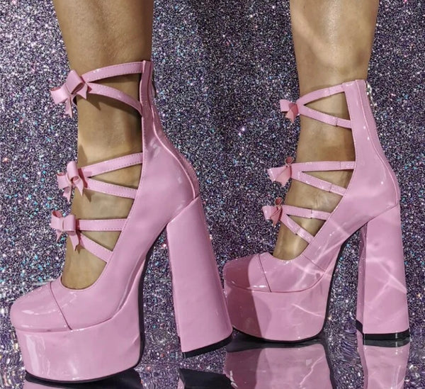 Women Fashion Pink Platform Bow High Heels