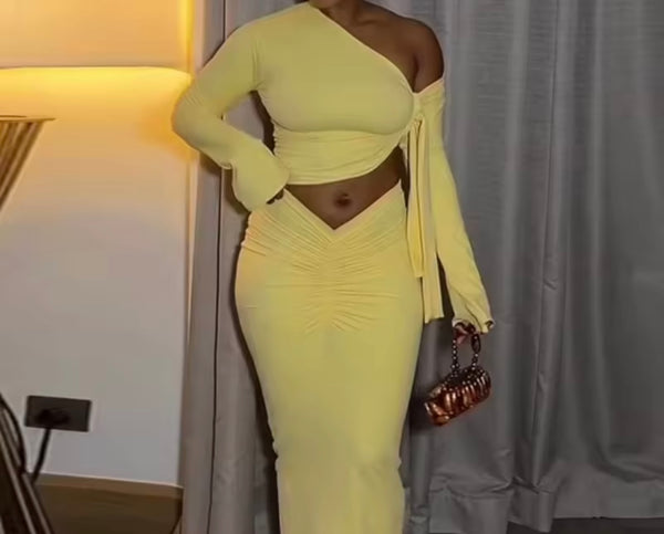Women Sexy Yellow Ruched Full Sleeve Two Piece Maxi Skirt Set