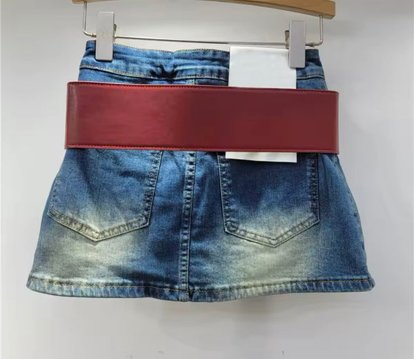 Women Fashion Color Belted Denim Skirt