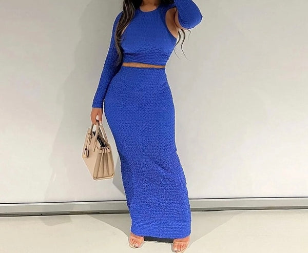 Women Sexy Blue Cut Out Full Sleeve Two Piece Maxi Skirt Set