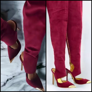 Women Burgundy Suede Over The Knee Gold High Heel Boots