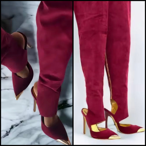 Women Burgundy Suede Over The Knee Gold High Heel Boots