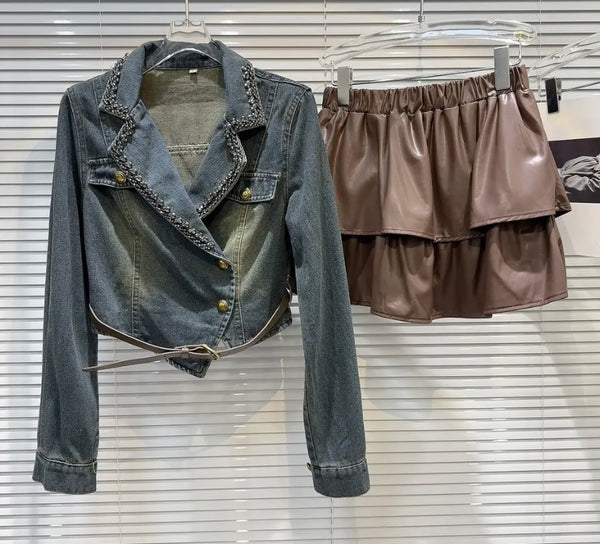 Women Fashion Two Piece Denim Full Sleeve Faux Leather Ruffled Skirt Set