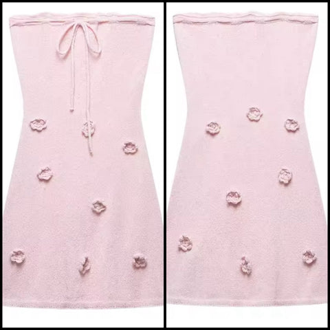 Women Strapless Pink 3D Floral Sexy Dress