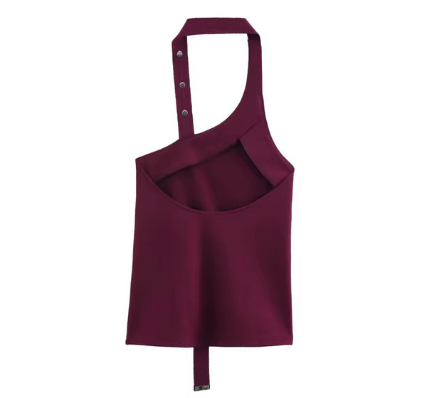 Women Sexy Halter Sleeveless Burgundy Two Piece Skirt Set