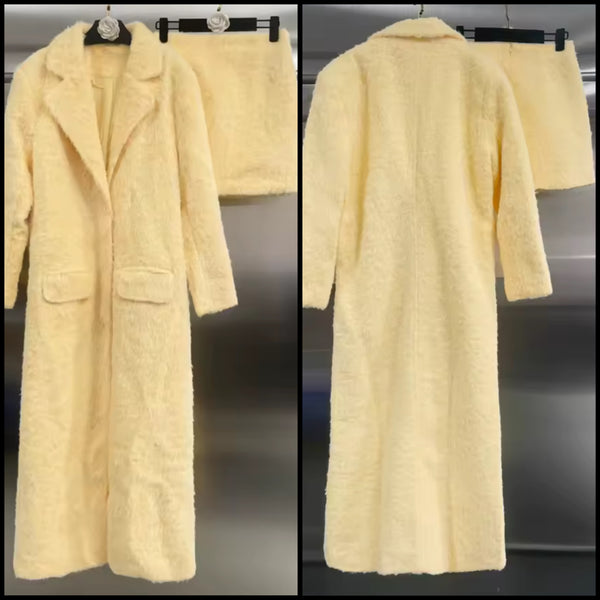 Women Yellow Fashion Furry Long Jacket Two Piece Skirt Set