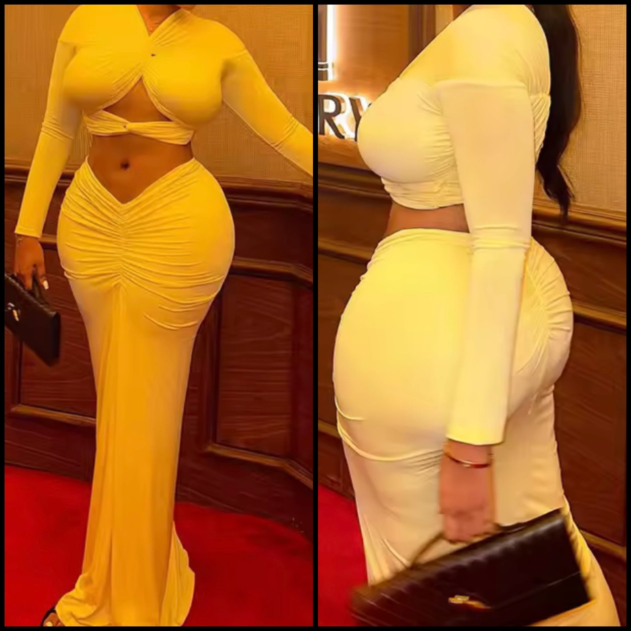 Women Yellow Sexy Cut Out Full Sleeve Ruched Two Piece Maxi Skirt Set