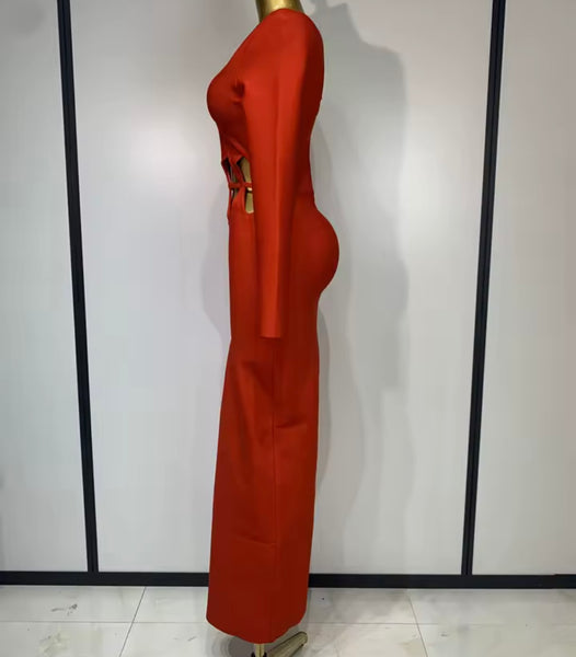 Women Sexy Red One Shoulder Full Sleeve Cut Out Maxi Dress