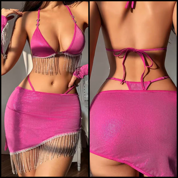 Women Sexy Pink Bling Tassel Five Piece Lingerie Set