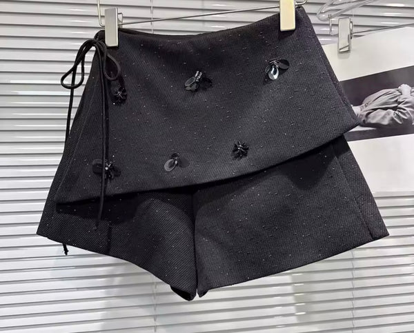 Women Fashion Sequins Tweed Wrap Shorts