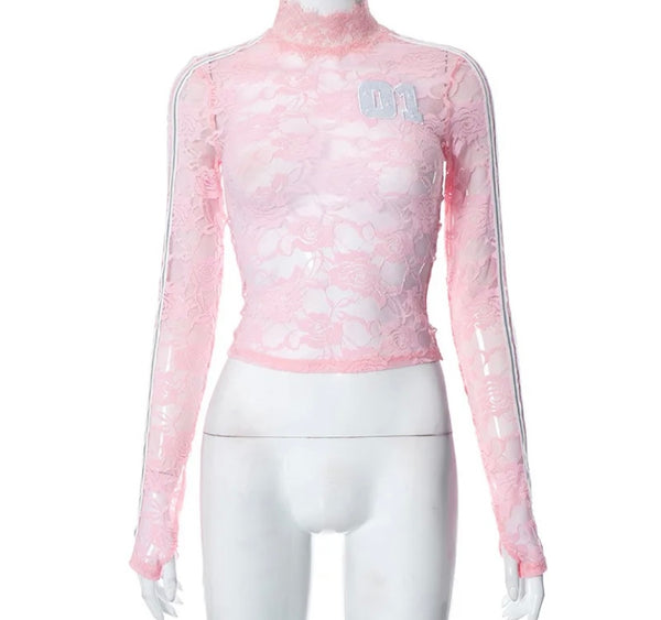 Women Pink Lace Sexy Fashion Full Sleeve Crop Top