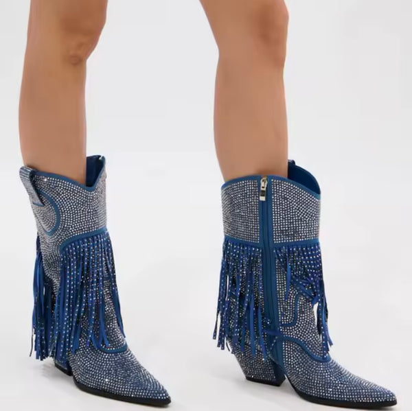 Women Fashion Blue Bling Rhinestone Tassel Ankle Western Boots