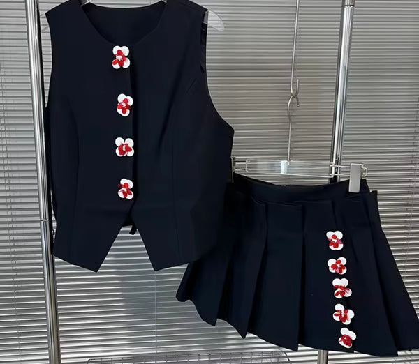 Women Sleeveless Floral Button Up Two Piece Pleated Skirt Set