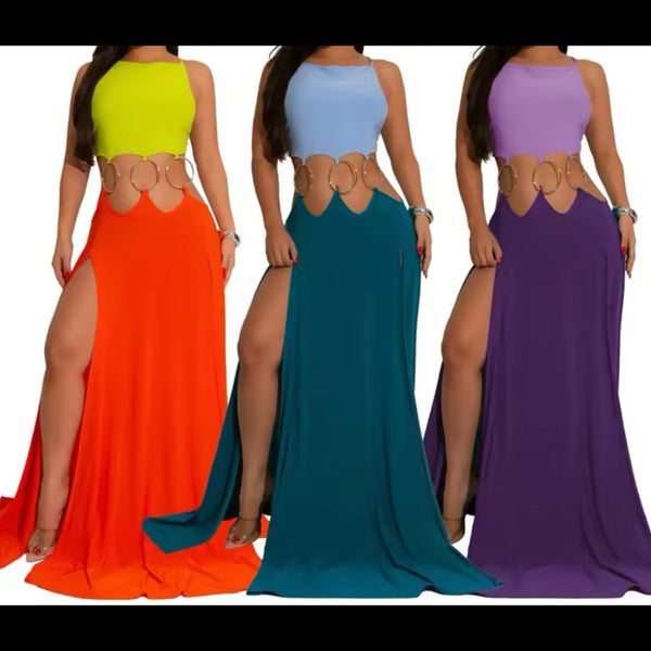 Women Sexy Sleeveless Color Patchwork Metal Cut Out Maxi Dress