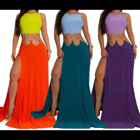 Women Sexy Sleeveless Color Patchwork Metal Cut Out Maxi Dress