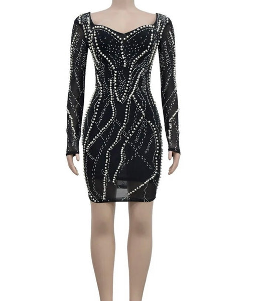 Women Sexy Pearl Bling Full Sleeve Mesh Dress