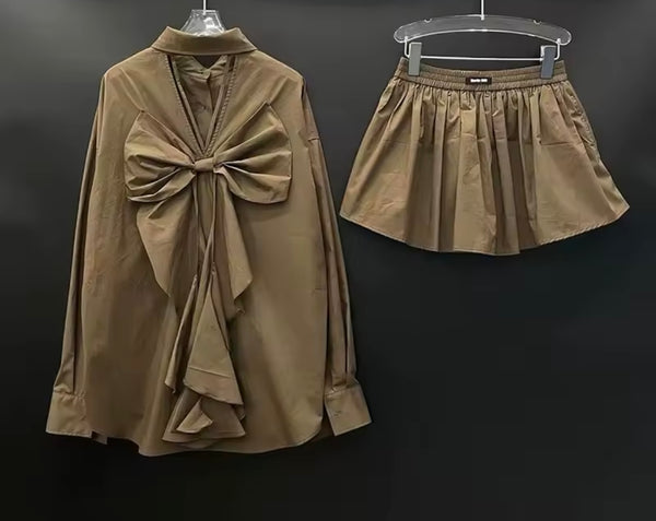 Women Ruffled Bow Full Sleeve Fashion Two Piece Skirt Set