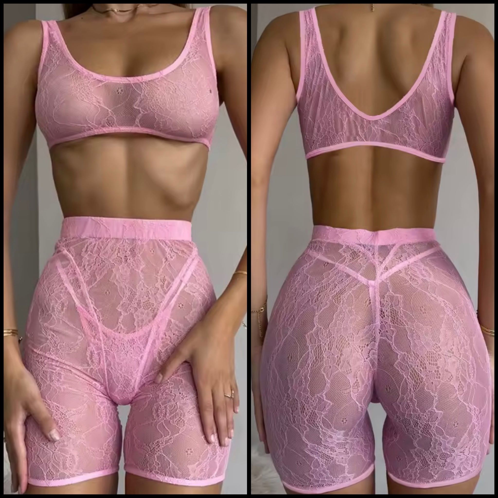 Women Pink Sleeveless Sexy Lace Three Piece Lingerie Set