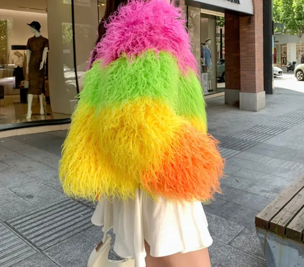Women Fashion Multicolored Faux Fur Jacket
