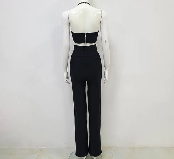 Women Sexy Black Rhinestone Two Piece Sleeveless Pant Set