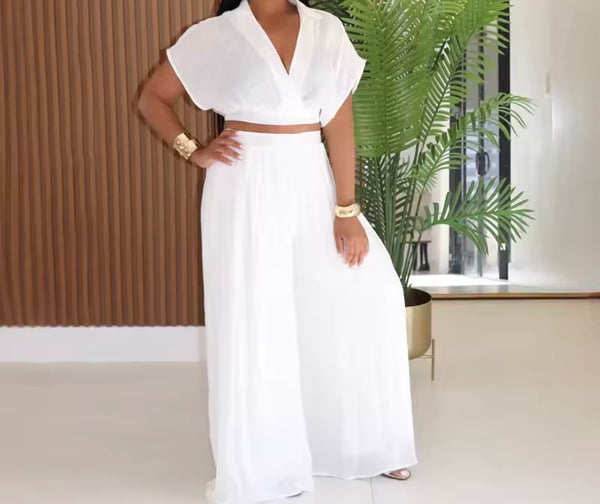 Women Color Short Sleeve Fashion Two Piece Wide Leg Pant Set