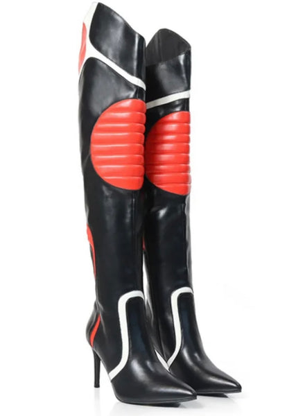 Women Pointed Toe Faux Leather Color Patchwork Knee High Boots