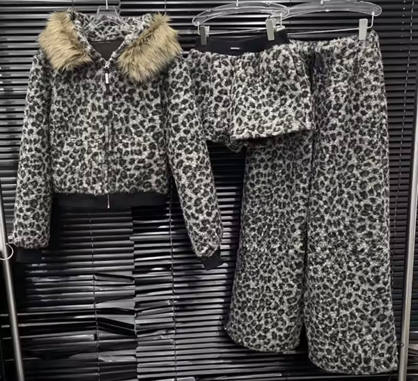 Women Fashion Leopard Fur Patchwork Three Piece Pant Set