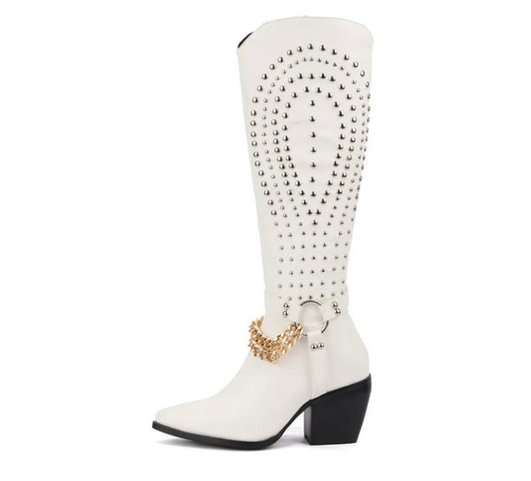 Women Fashion Rivet Gold Chain Knee High Western Boots