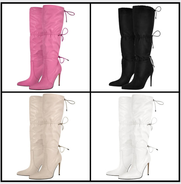 Women Fashion Faux Leather High Heel Tie Up Knee High Boots