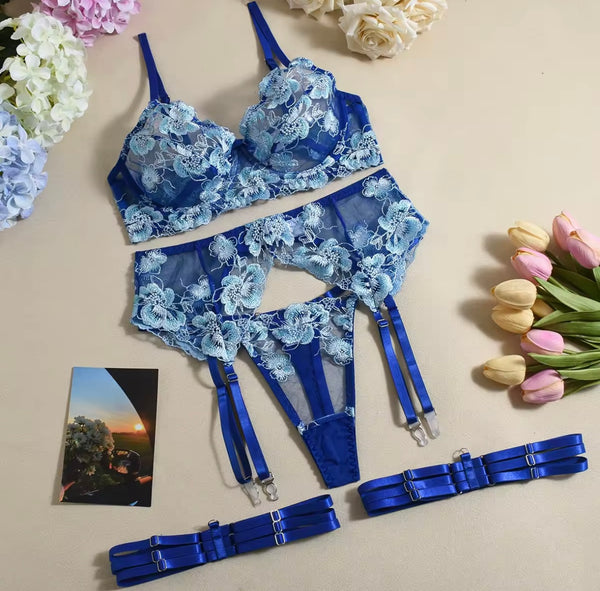 Women Sexy Blue Floral Mesh Lingerie Set