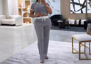 Women Striped Fashion Short Sleeve Two Piece Pant Set