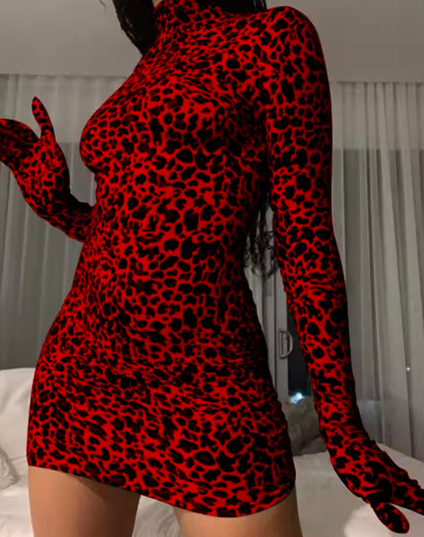 Women Sexy Color Leopard Glove Full Sleeve Dress