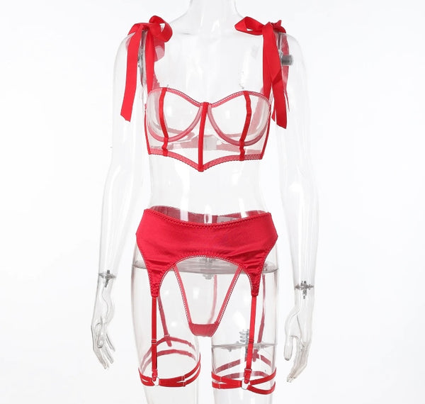 Women Red Sexy Satin Mesh Lingerie Set