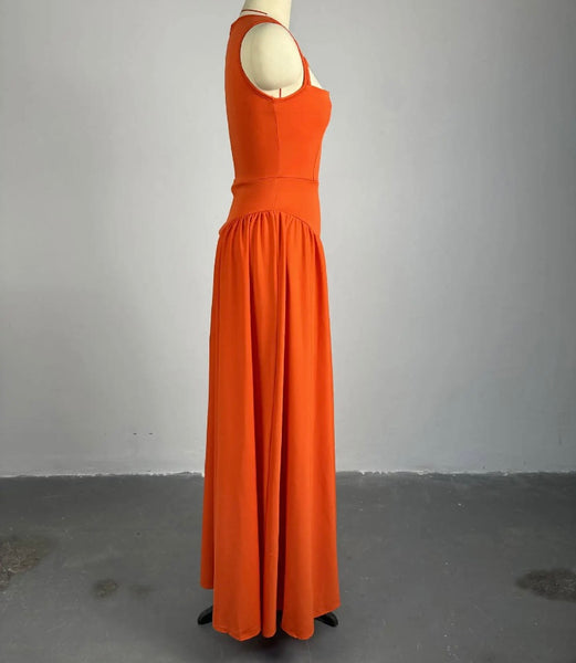 Women Orange Sexy Sleeveless Cut Out Pleated Maxi Dress