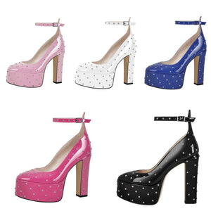 Women Color Rivet Platform Ankle Strap Shoes
