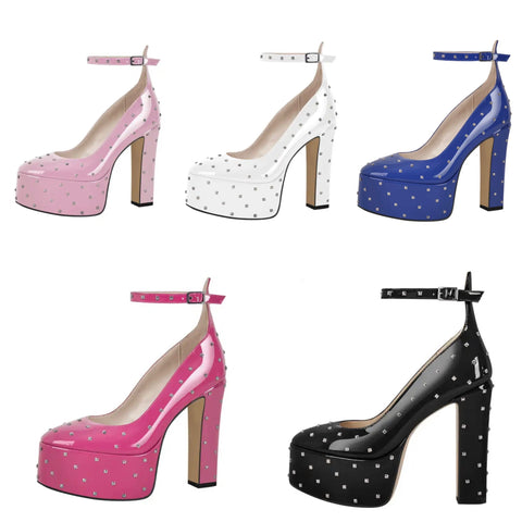 Women Color Rivet Platform Ankle Strap Shoes