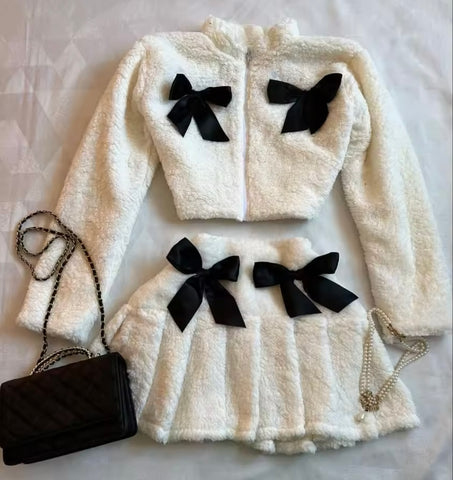 Women Fashion Bow Fluffy Zip Up Full Sleeve Two Piece Pleated Skirt Set