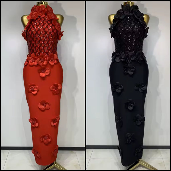 Women Sexy Sleeveless Sequins Beaded 3D Floral Maxi Dress