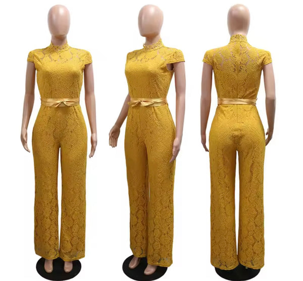 Women Sexy Fashion Lace Short Sleeve Two Piece Jumpsuit