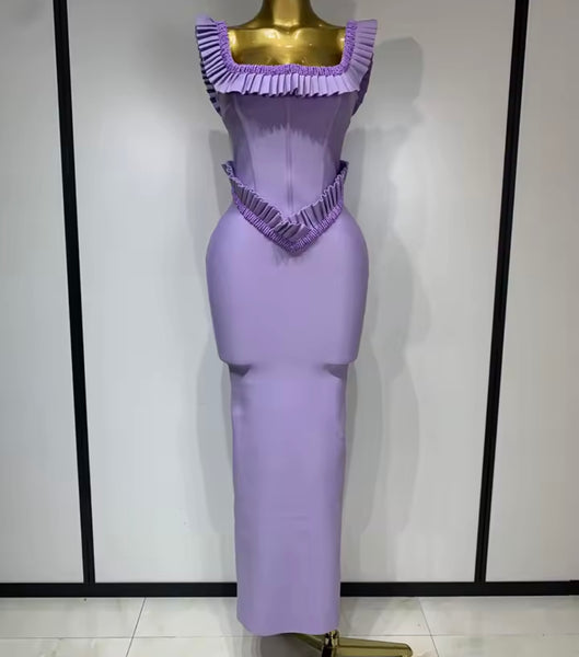 Women Sexy Beaded Ruffled Short Sleeve Purple Maxi Dress