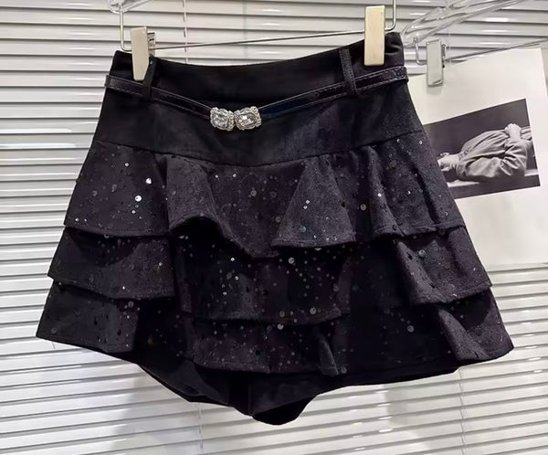 Women Suede Sequins Ruffle Wrap Shorts