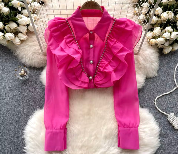 Women Bling Button Up Ruffled Mesh Fashion Top