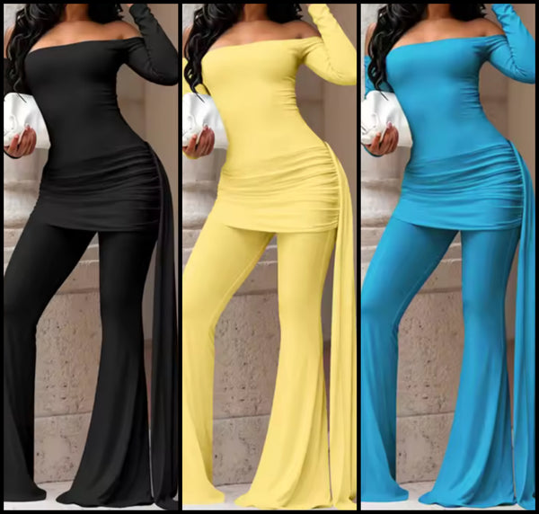 Women Off The Shoulder Full Sleeve Tassel Two Piece Pant Set