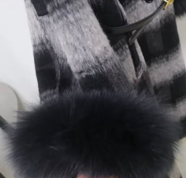 Women Fashion Fur Patchwork Plaid Trench Jacket