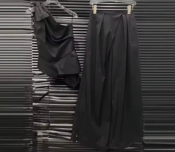 Women Tie Up One Shoulder Sleeveless Two Piece Wide Leg Pant Set