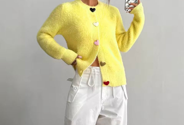 Women Yellow Fashion Heart Button Up Sweater Top